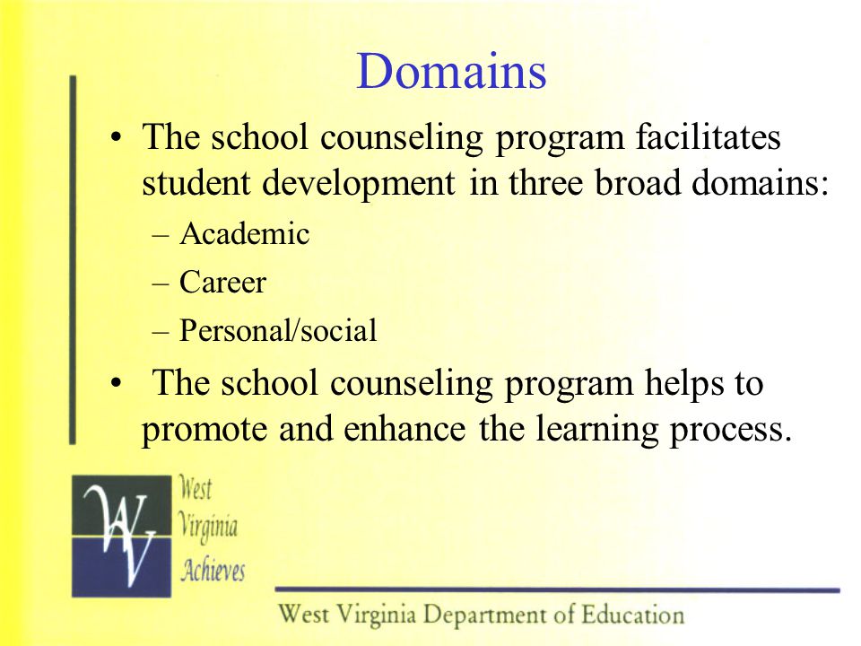 Domains The school counseling program facilitates student development in three broad domains: Academic.