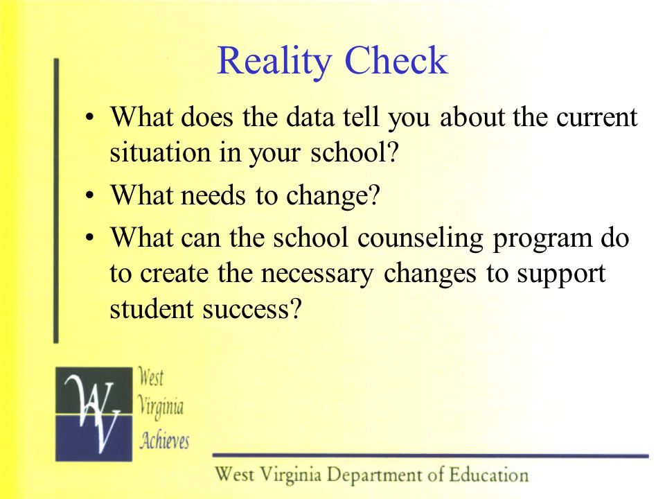 Reality Check What does the data tell you about the current situation in your school What needs to change