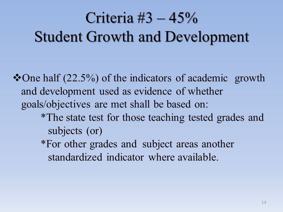 Criteria #3 – 45% Student Growth and Development