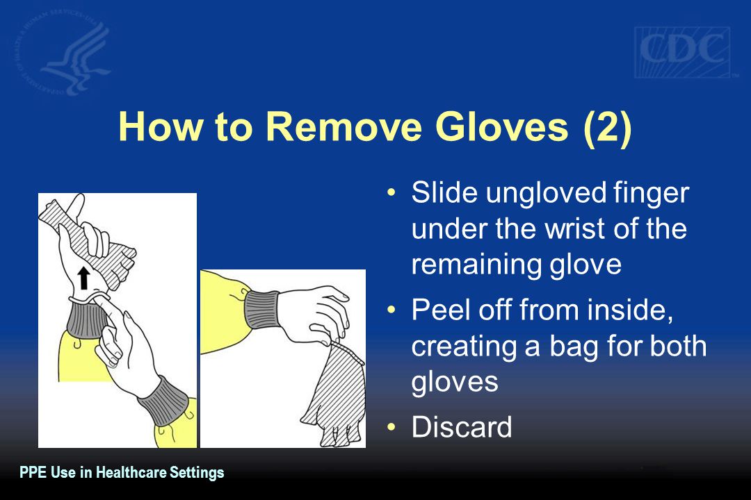 How to Remove Gloves (2) Slide ungloved finger under the wrist of the remaining glove. Peel off from inside, creating a bag for both gloves.
