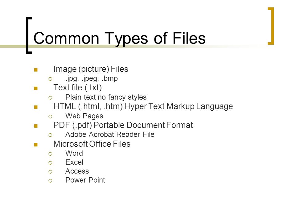 Common Types of Files Image (picture) Files Text file (.txt)