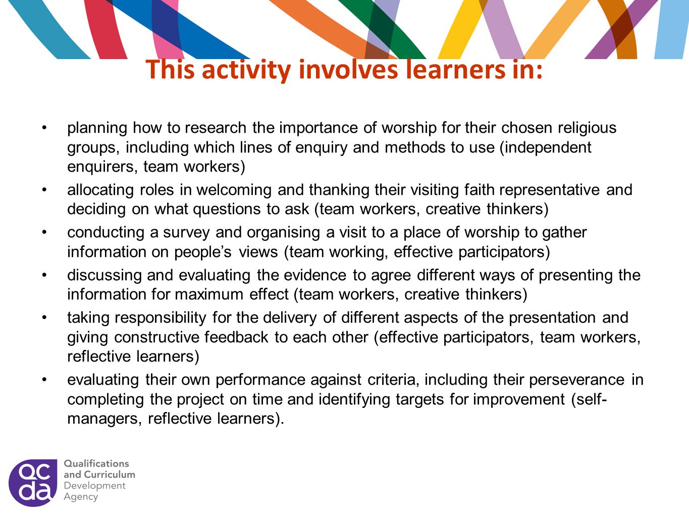 This activity involves learners in: