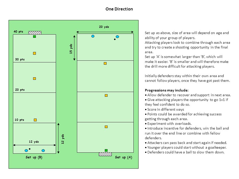 One Direction Set up as above, size of area will depend on age and ability of your group of players.