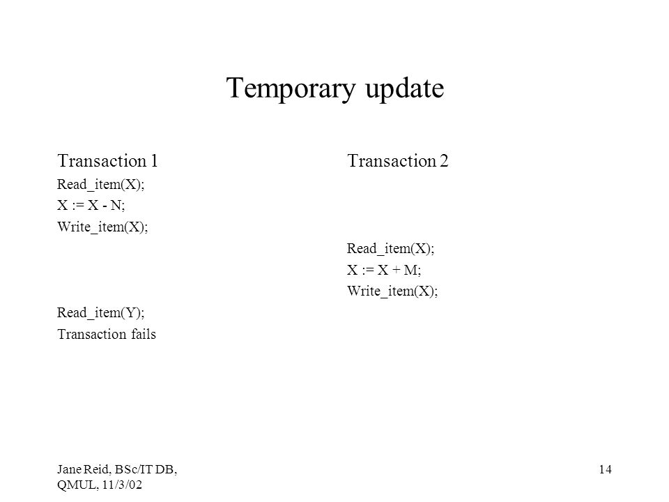 Temporary update Transaction 1 Transaction 2 Read_item(X); X := X - N;