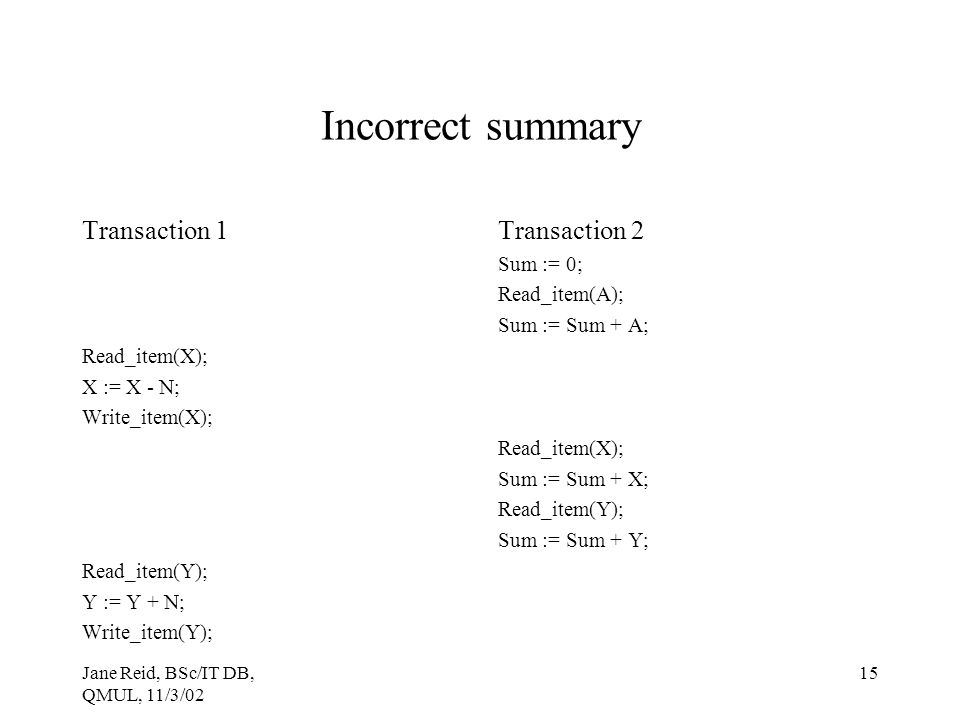 Incorrect summary Transaction 1 Transaction 2 Sum := 0; Read_item(A);