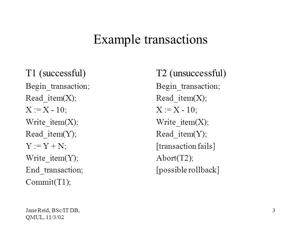 Example transactions T1 (successful) T2 (unsuccessful)