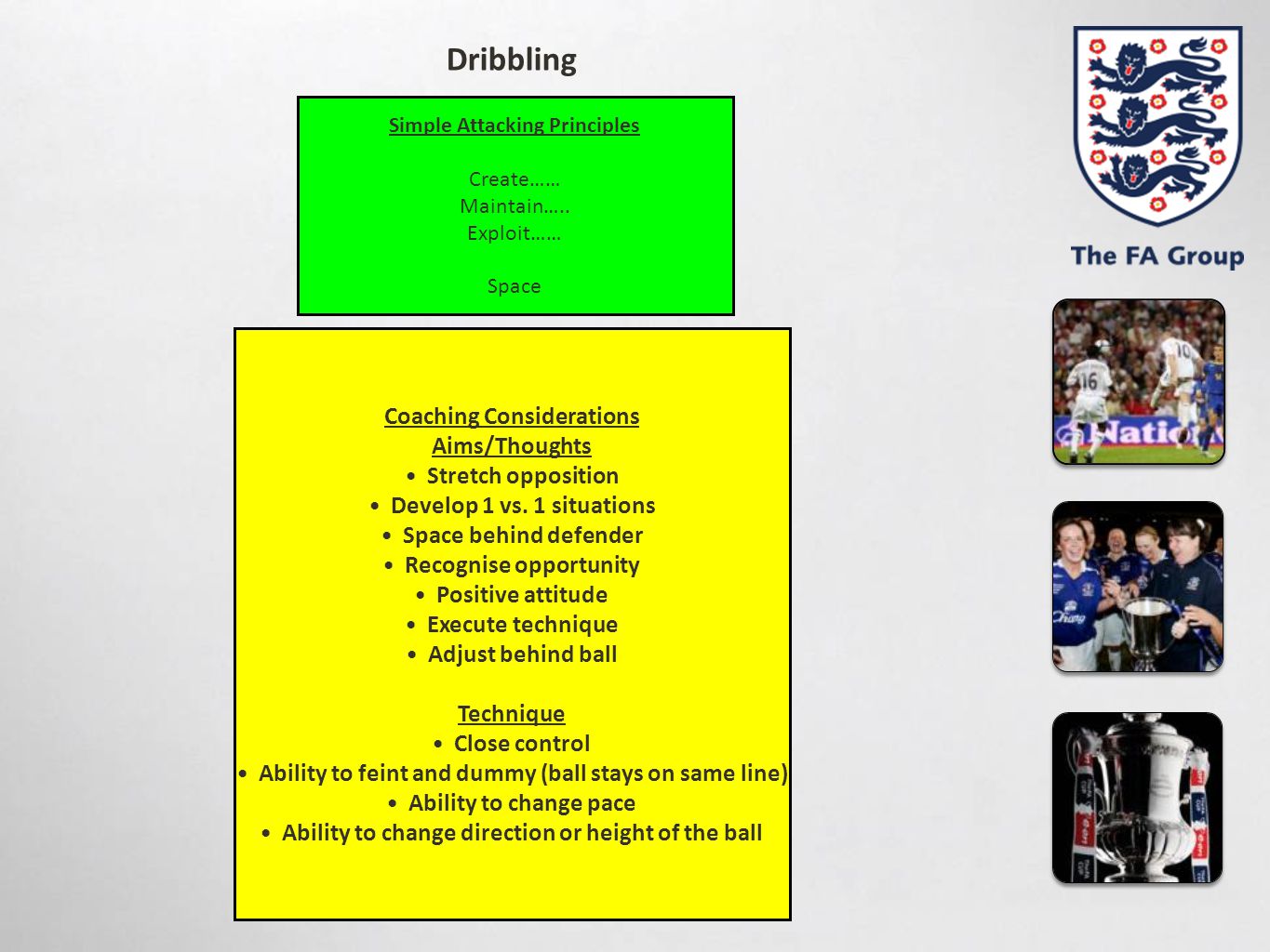 Dribbling Coaching Considerations Aims/Thoughts Stretch opposition