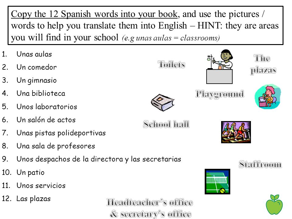 Copy the 12 Spanish words into your book, and use the pictures / words to help you translate them into English – HINT: they are areas you will find in your school (e.g unas aulas = classrooms)