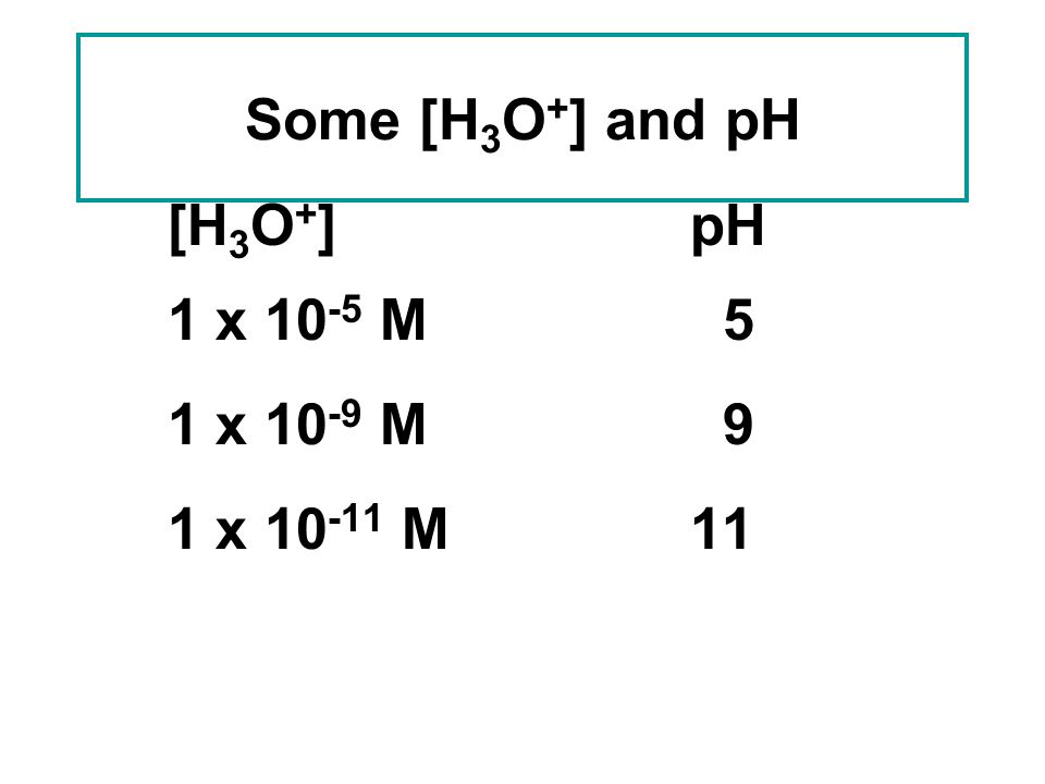 Some [H3O+] and pH [H3O+] pH 1 x 10-5 M 5 1 x 10-9 M 9 1 x M 11