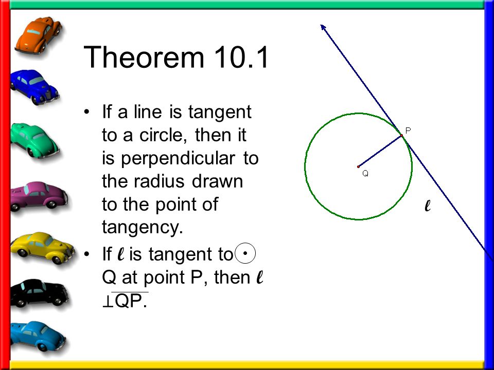 Theorem 10.1 If a line is tangent to a circle, then it is perpendicular to the radius drawn to the point of tangency.