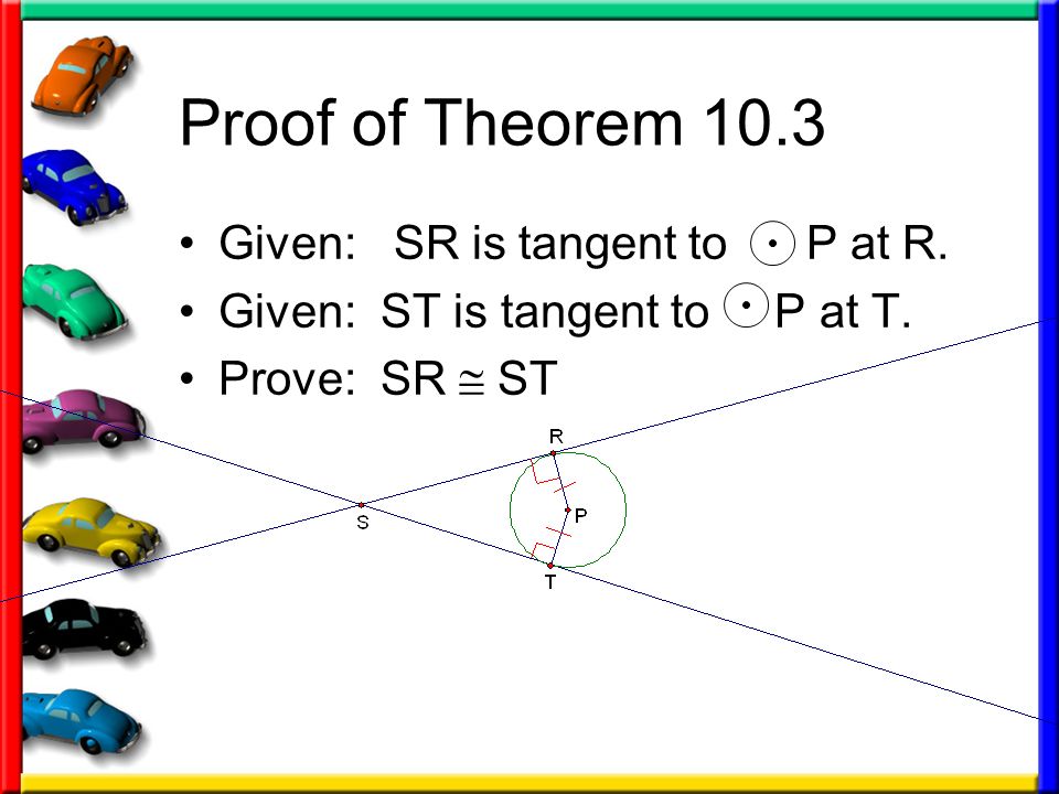 Proof of Theorem 10.3 Given: SR is tangent to P at R.