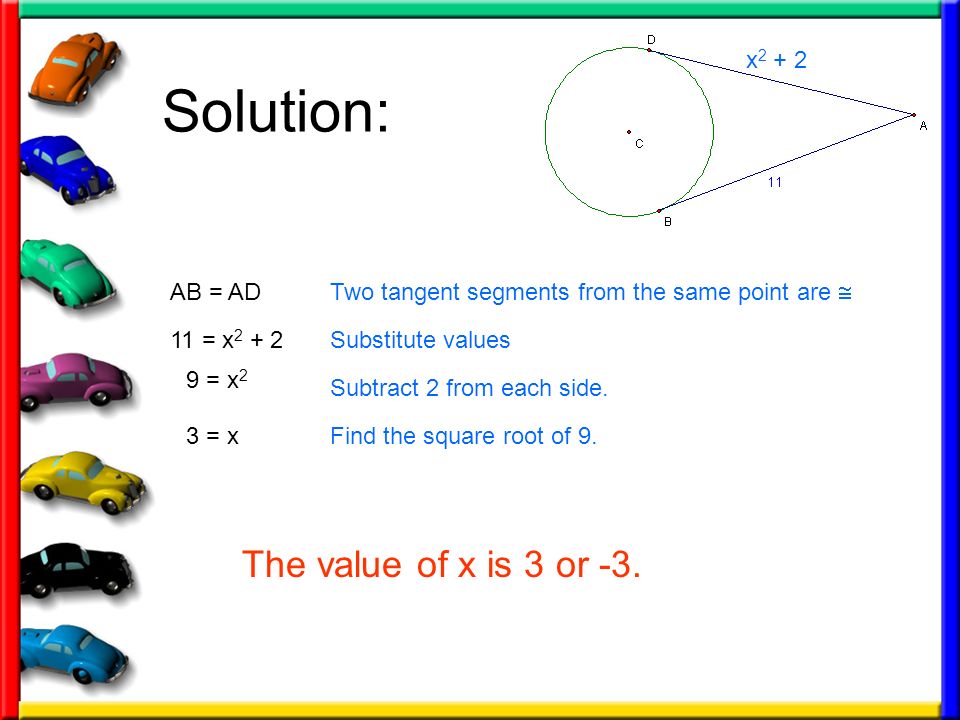 Solution: The value of x is 3 or -3. x2 + 2 AB = AD