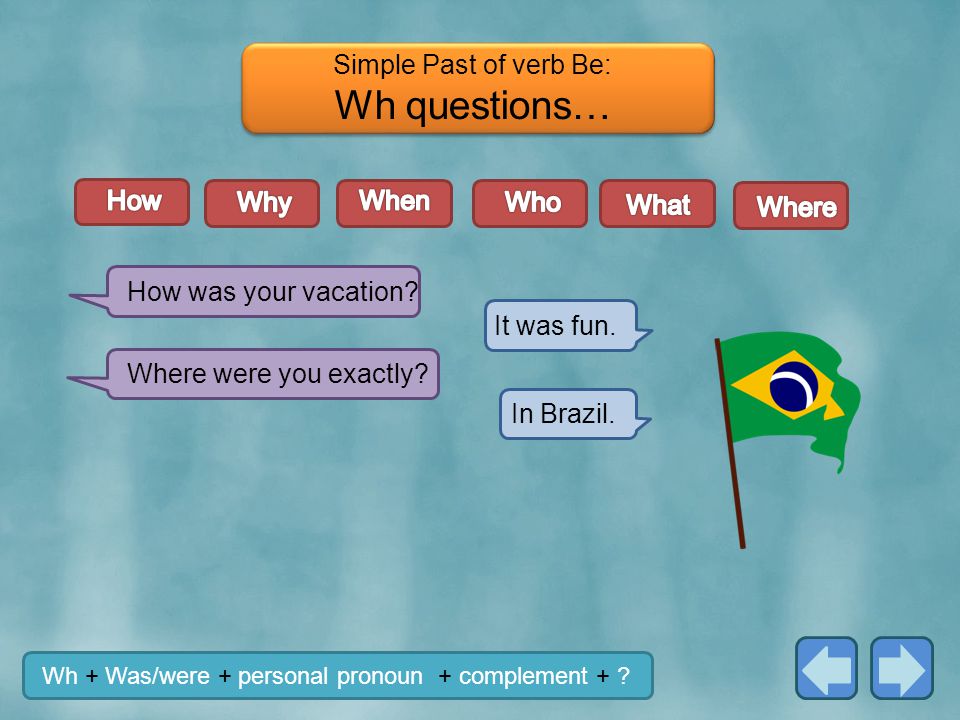 Wh questions… Simple Past of verb Be: How Why When Who What Where