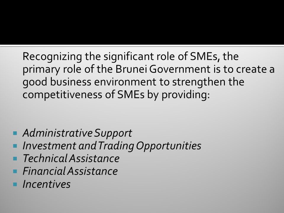 Recognizing the significant role of SMEs, the primary role of the Brunei Government is to create a good business environment to strengthen the competitiveness of SMEs by providing: