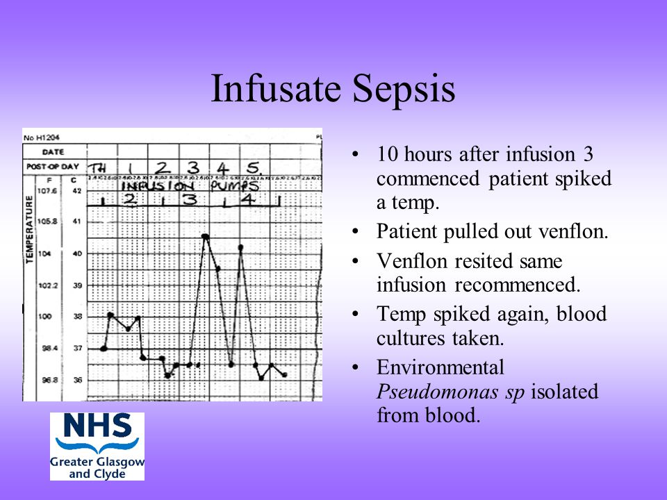 Infusate Sepsis 10 hours after infusion 3 commenced patient spiked a temp. Patient pulled out venflon.
