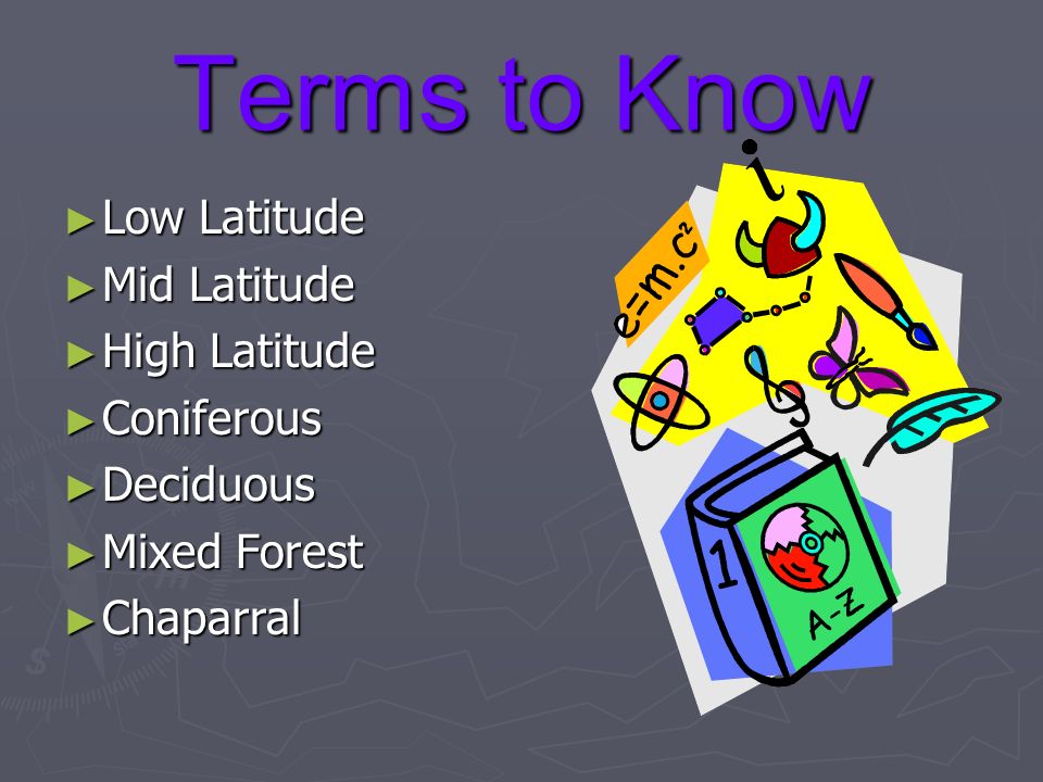Terms to Know Low Latitude Mid Latitude High Latitude Coniferous