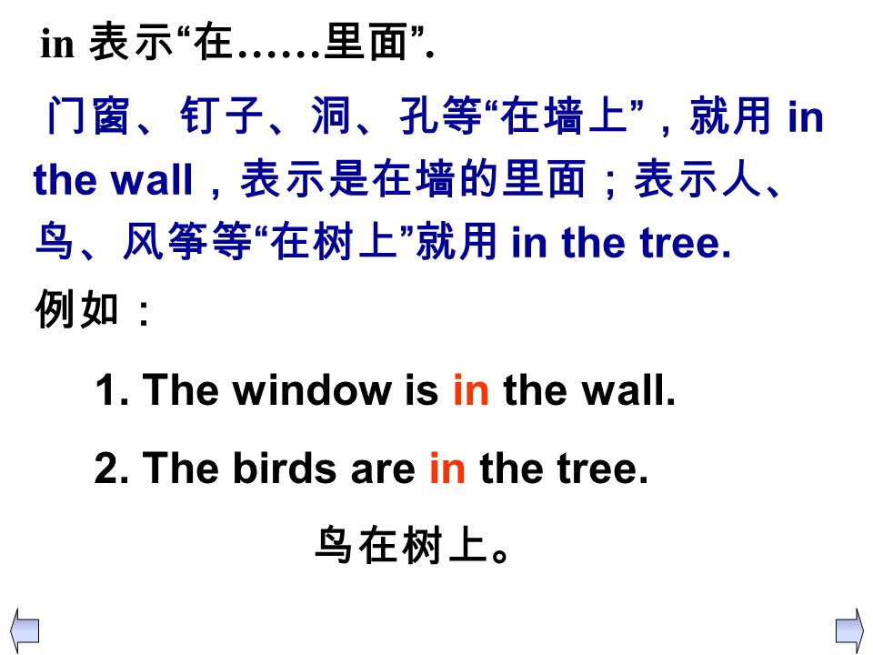 in 表示 在……里面 . 门窗、钉子、洞、孔等 在墙上 ，就用 in the wall，表示是在墙的里面；表示人、鸟、风筝等 在树上 就用 in the tree. 例如： 1. The window is in the wall.