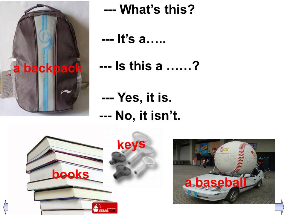 a backpack --- What’s this --- It’s a… Is this a …… --- Yes, it is. --- No, it isn’t. books.