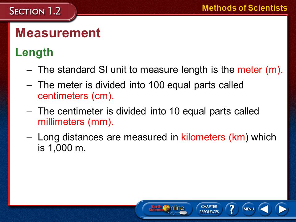 Methods of Scientists Measurement. Length. The standard SI unit to measure length is the meter (m).