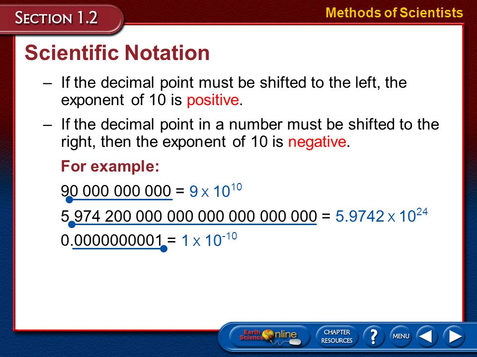 Methods of Scientists Scientific Notation. If the decimal point must be shifted to the left, the exponent of 10 is positive.