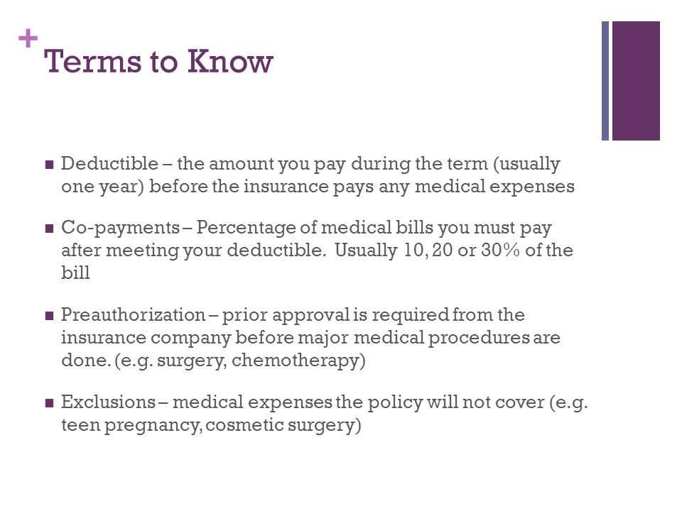 Terms to Know Deductible – the amount you pay during the term (usually one year) before the insurance pays any medical expenses.