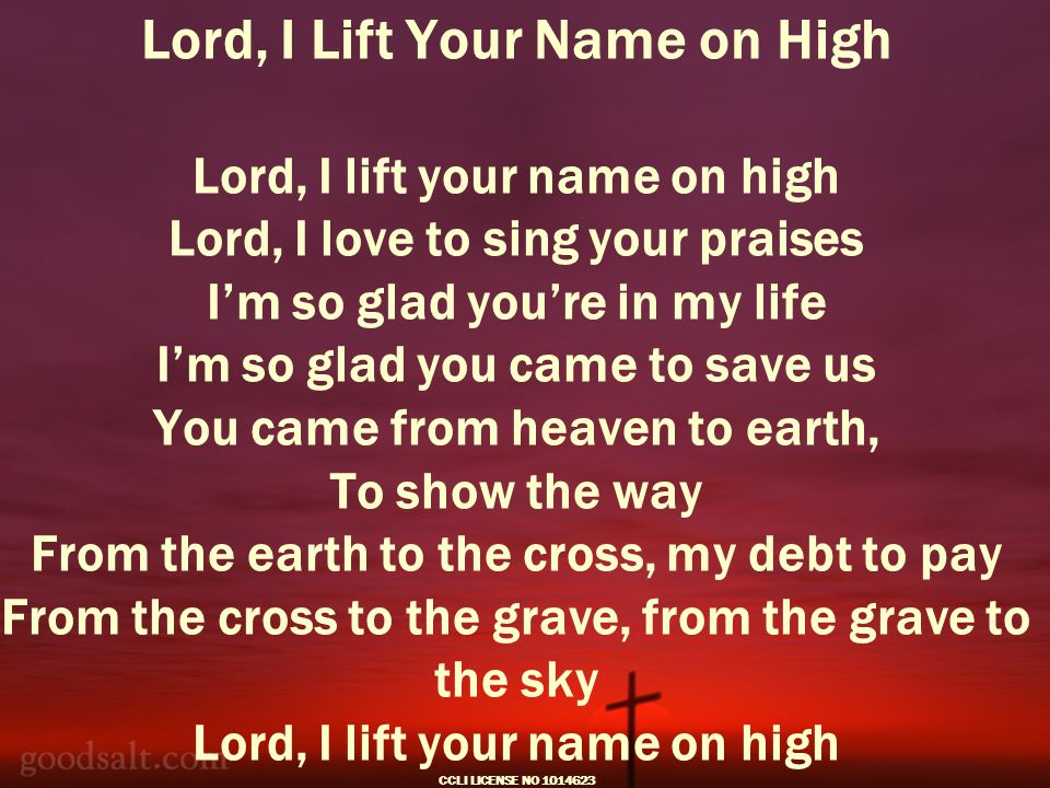 Lord, I Lift Your Name on High Lord, I lift your name on high Lord, I love to sing your praises I’m so glad you’re in my life I’m so glad you came to save us You came from heaven to earth, To show the way From the earth to the cross, my debt to pay From the cross to the grave, from the grave to the sky Lord, I lift your name on high CCLI LICENSE NO