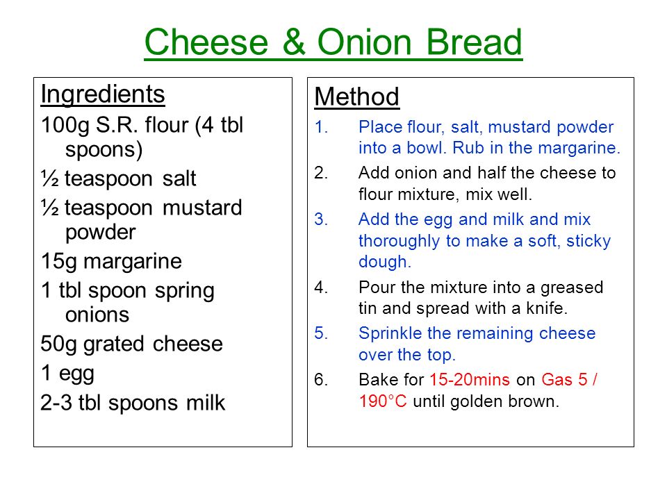 Cheese & Onion Bread Ingredients Method 100g S.R. flour (4 tbl spoons)