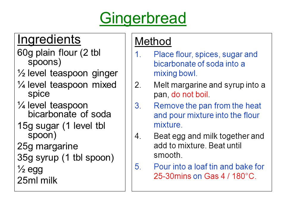 Gingerbread Ingredients Method 60g plain flour (2 tbl spoons)