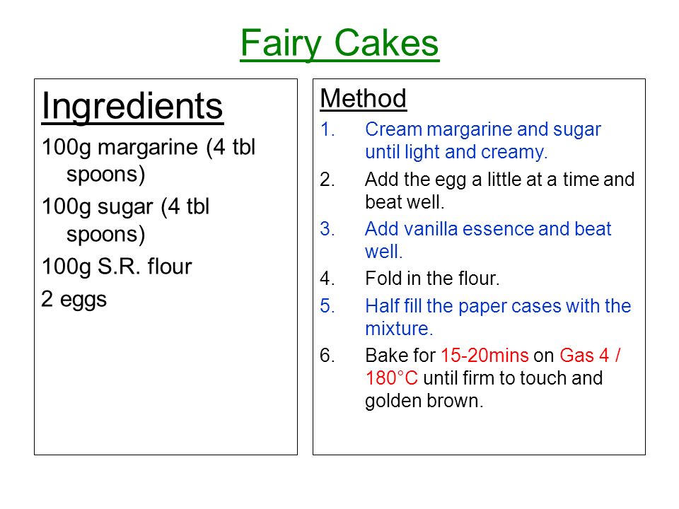 Fairy Cakes Ingredients Method 100g margarine (4 tbl spoons)