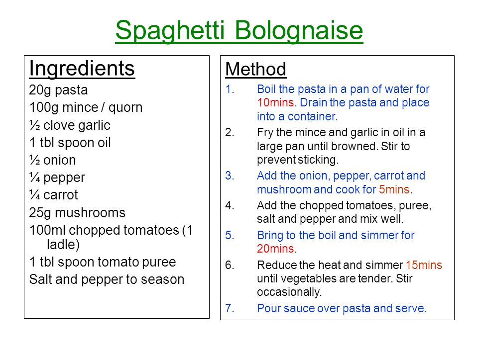 Spaghetti Bolognaise Ingredients Method 20g pasta 100g mince / quorn