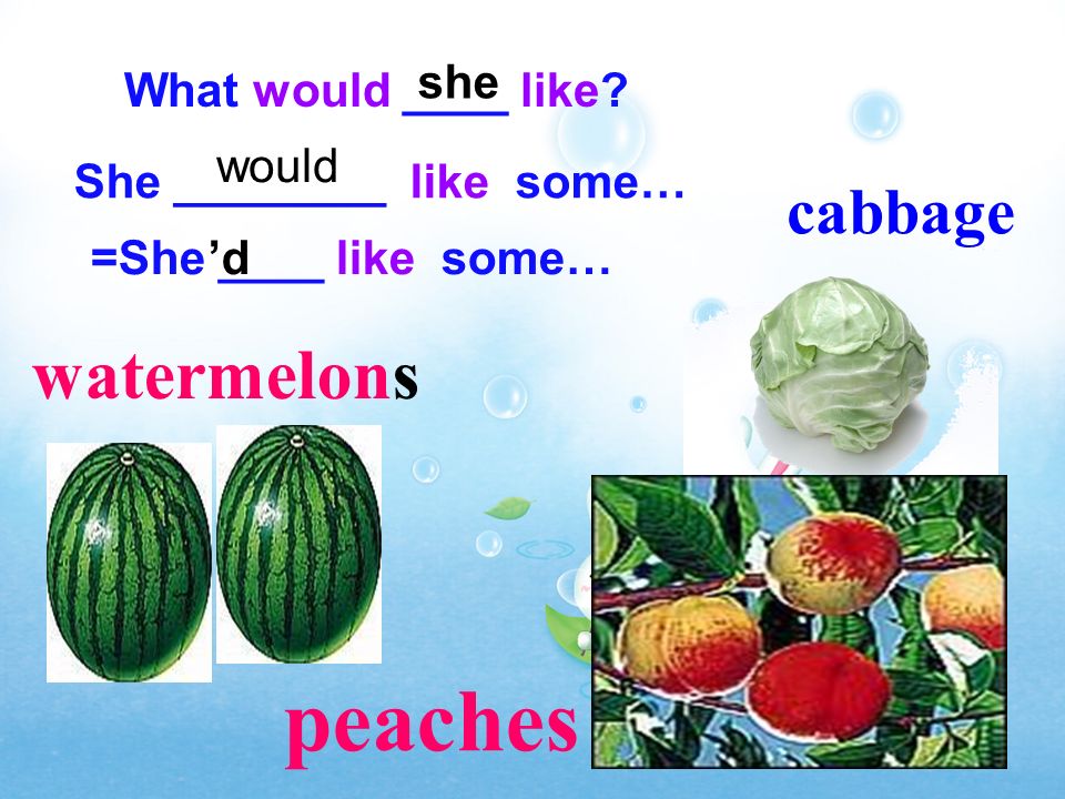 peaches watermelons cabbage she What would ____ like