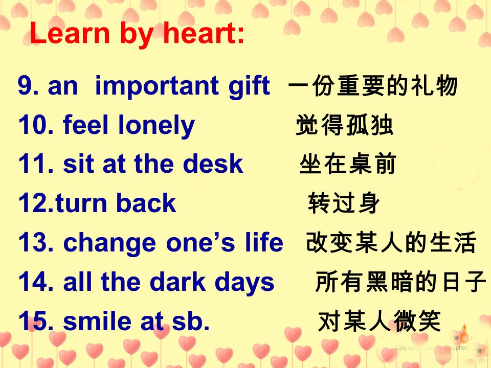 Learn by heart: 9. an important gift 一份重要的礼物 10. feel lonely 觉得孤独
