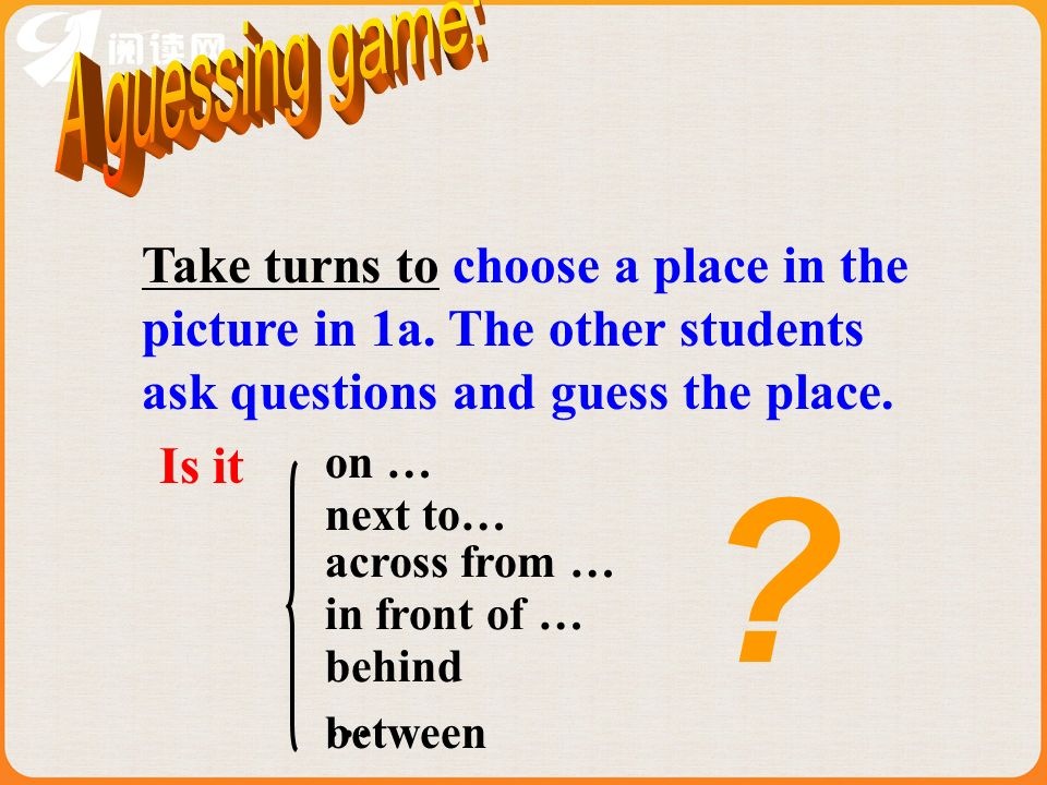 A guessing game: Take turns to choose a place in the picture in 1a. The other students ask questions and guess the place.