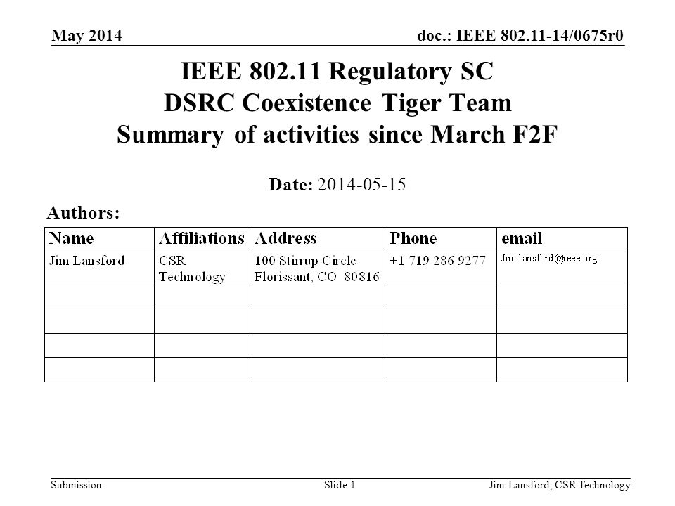 April 2009 doc.: IEEE /xxxxr0. May IEEE Regulatory SC DSRC Coexistence Tiger Team Summary of activities since March F2F.