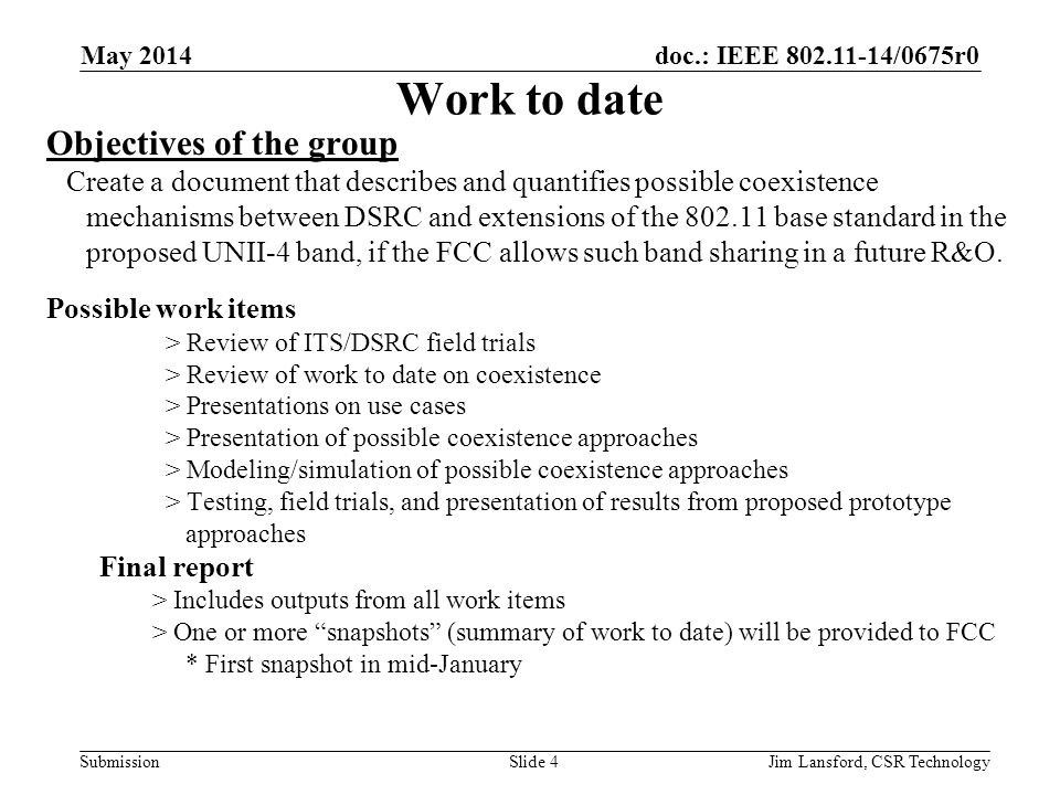 Work to date Objectives of the group Possible work items Final report