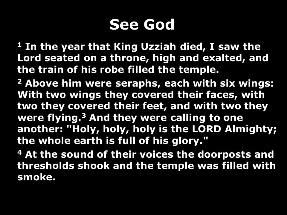 See God 1 In the year that King Uzziah died, I saw the Lord seated on a throne, high and exalted, and the train of his robe filled the temple.