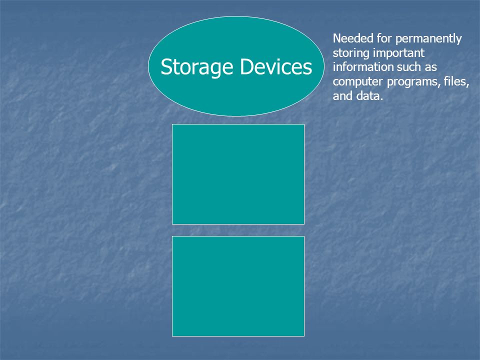 Storage Devices Needed for permanently storing important information such as computer programs, files, and data.