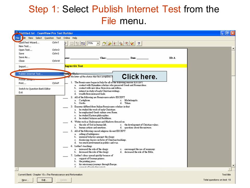 Step 1: Select Publish Internet Test from the File menu.