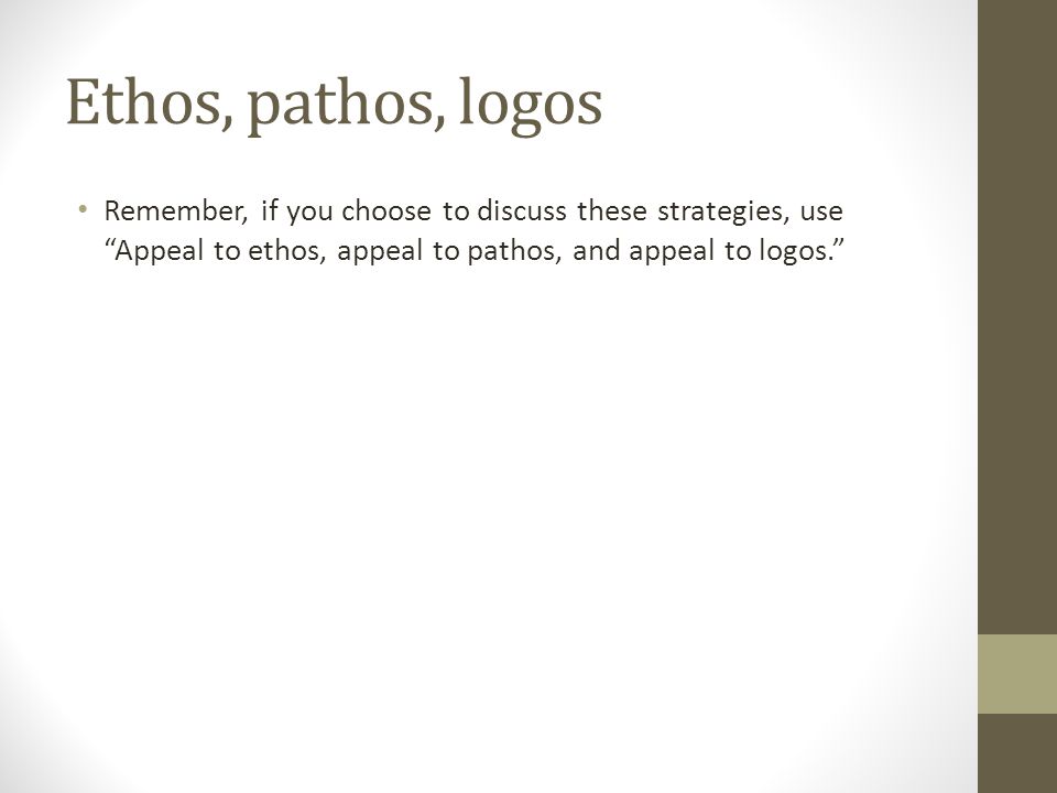 Ethos, pathos, logos Remember, if you choose to discuss these strategies, use Appeal to ethos, appeal to pathos, and appeal to logos.