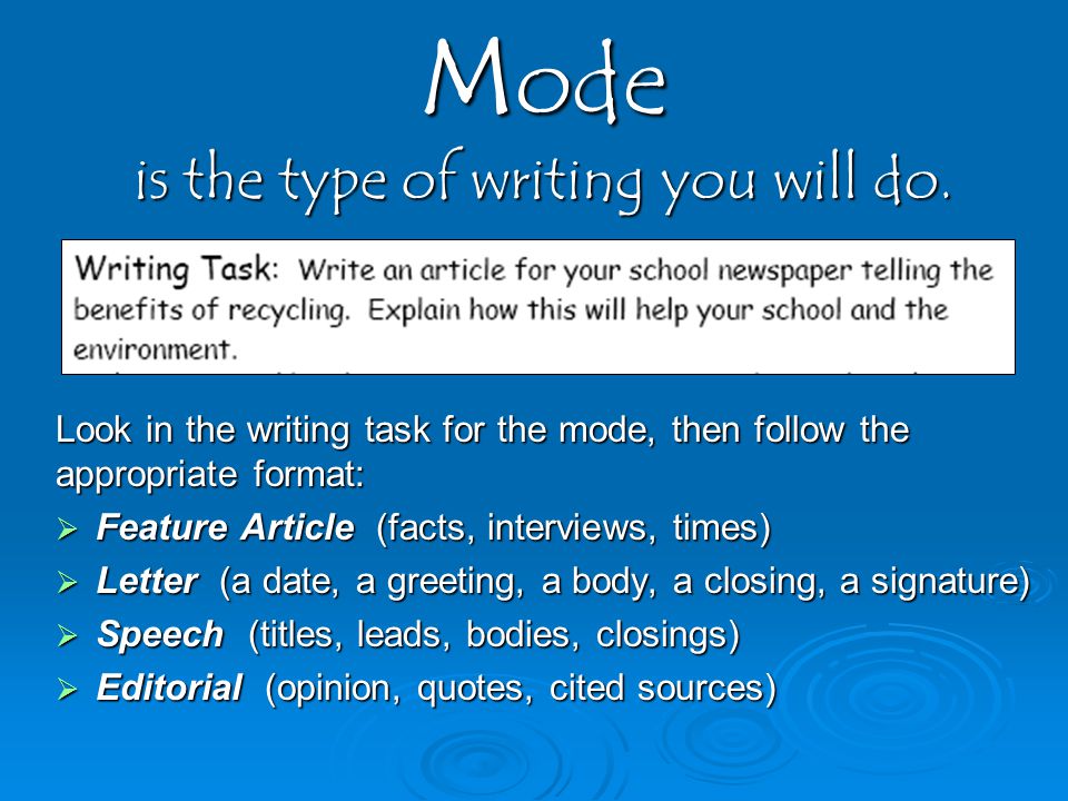 Mode is the type of writing you will do.