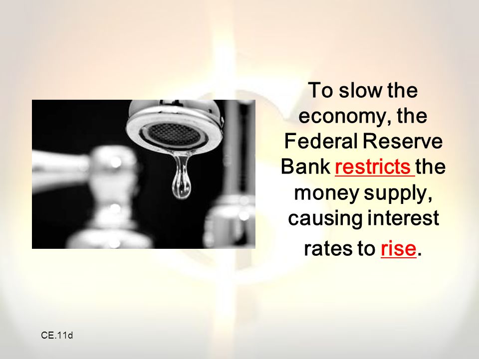 To slow the economy, the Federal Reserve Bank restricts the money supply, causing interest rates to rise.