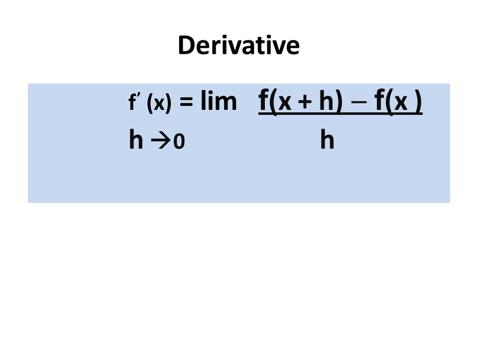 Derivative f’ (x) = lim f(x + h) - f(x ) h 0 h