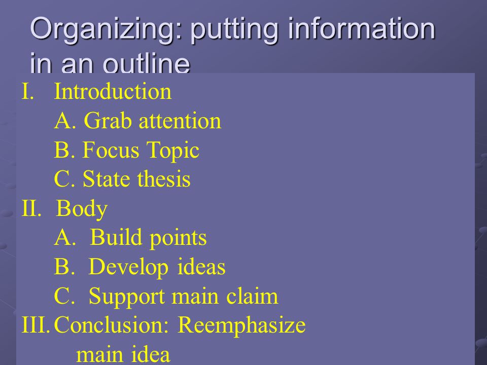 Organizing: putting information in an outline