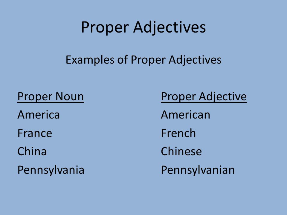 Proper Adjectives Examples of Proper Adjectives Proper Noun Proper Adjective America American France French China Chinese Pennsylvania Pennsylvanian