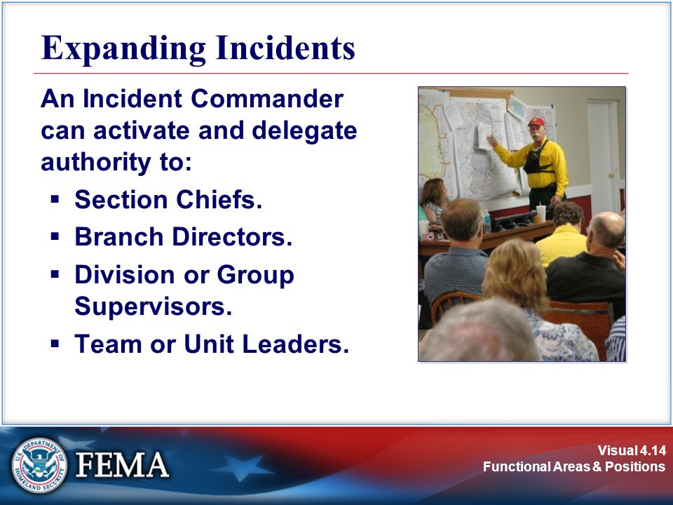 Expanding Incidents An Incident Commander can activate and delegate authority to: Section Chiefs. Branch Directors.