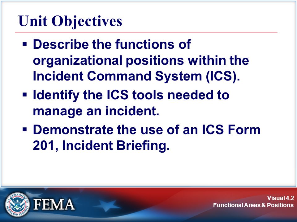 Unit Objectives Describe the functions of organizational positions within the Incident Command System (ICS).