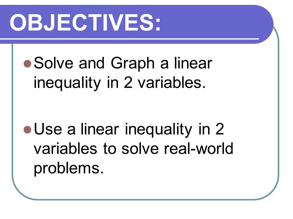OBJECTIVES: Solve and Graph a linear inequality in 2 variables.