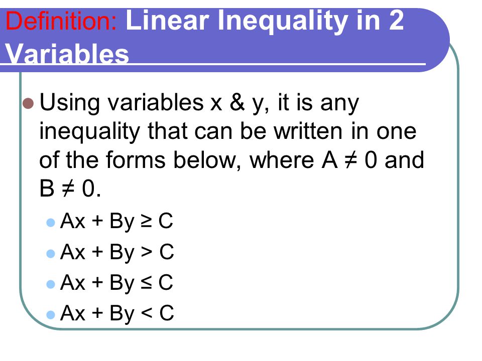 Definition: Linear Inequality in 2 Variables