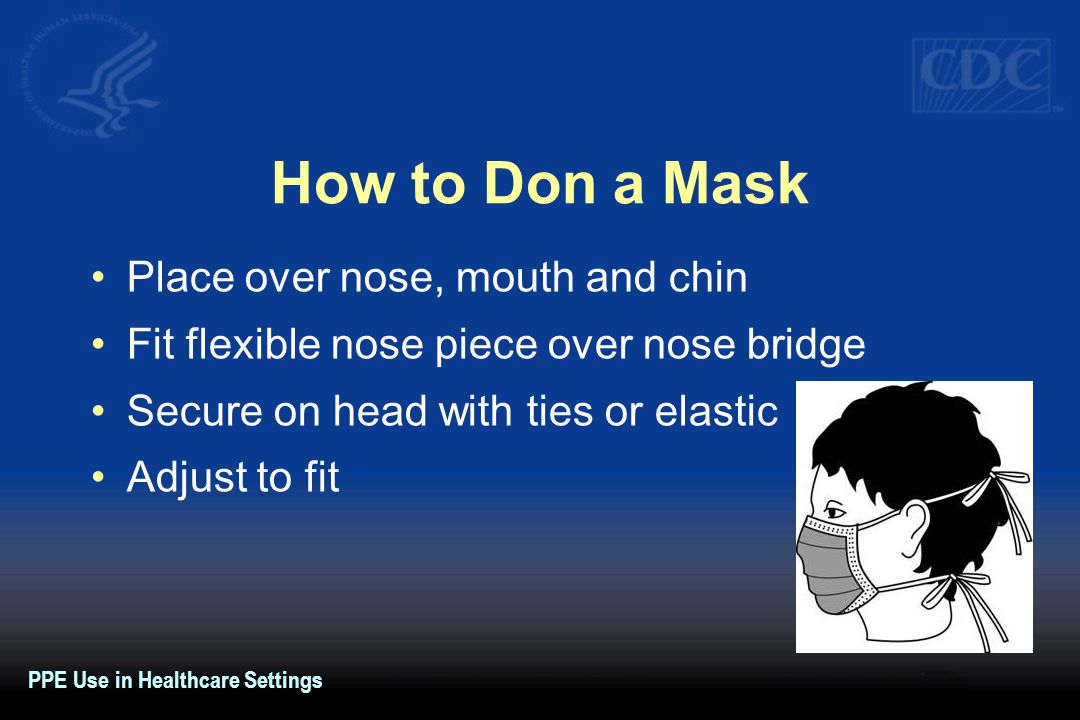How to Don a Mask Place over nose, mouth and chin