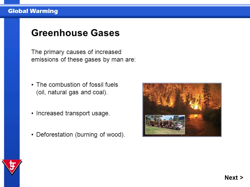 Greenhouse Gases The primary causes of increased emissions of these gases by man are: The combustion of fossil fuels (oil, natural gas and coal).